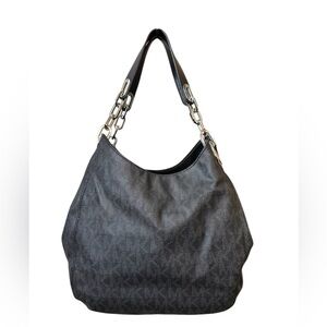 MICHAEL KORS FULTON BLACK LOGO SILVER CHAIN LARGE SHOULDER TOTE BAG